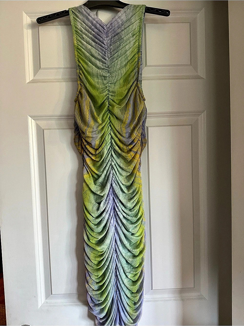 AFRM Ruched Mini Dress in Green & Purple Size Medium Like New